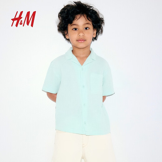 H&M Children's Clothing Children's Boys' Shirt Spring Fashion Cuban Collar Muslin Shirt 1274050 Light Turquoise 120 120/64