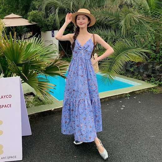 Wei Guangli 2025 Sommer neuer französischer Tee Break Gentle Blumen-Hosenträger Kleider Meer Urlaub Temperament V-Ausschnitt Strand Langer Rock Spring Branch Floral Kleid lila M-Code 80-110jin [Jin entspricht 0,5 kg]