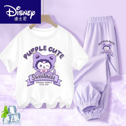 Disney Binpaw Girls Summer Jade Dog Dog 2025 New Big Children Cotton Pure Coton Shirt T-shirt A983 White + A984 Purple Pants 130 (hauteur suggérée 115-125 cm)