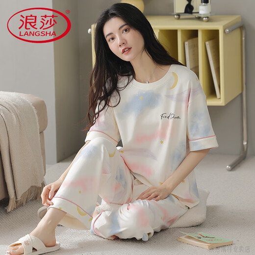 Langsha Light Luxury High-End-Sommerpyjamas Frauen reines Baumwolldünne kurzärmelige Hosen Student Cute Anzug Frühling und Herbst Lose Home Y9713 m (Empfohlen 75-95jin [Jin entspricht 0,5 kg])