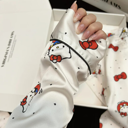 美黛遇HelloKitty甜美冰丝睡衣女春秋款可爱卡通长袖夏天薄款家居服套装 KDJ_834-3#开衫双长 白色KT猫 XL