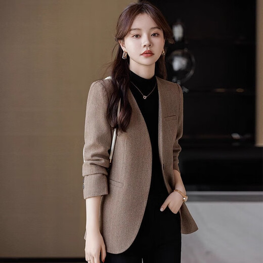 Yuanfeiya gray collarless suit jacket for women 2025 spring new style high-end casual loose top temperament small fragrance suit single piece gray suit L recommended 108-118Jin Jin equals 0.5 kg