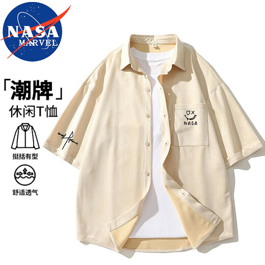 NASA MARVEL短袖衬衫男夏季衬衣外套翻领麂皮绒宽松潮牌休闲上衣 黑色 L