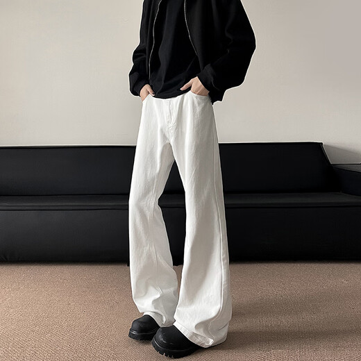 Digada American vibe pants for men, high street fashion, white scimitar jeans for men, straight slim fit, slim bootcut pants for men, FYFS-Q724 white XL (recommended 120-135 Jin Jin is equal to 0.5 kg)