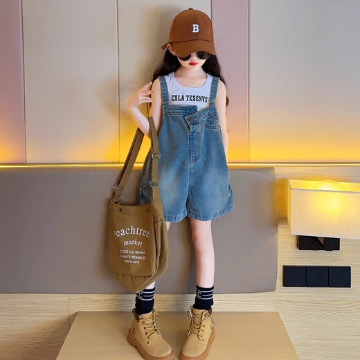 G.DUCKKIDS小黄鸭儿童牛仔背带裤2025新款夏装小女孩儿童休闲短裤百搭薄款套 蓝色牛仔背带裤 MEF 150 建议身高145cm左右