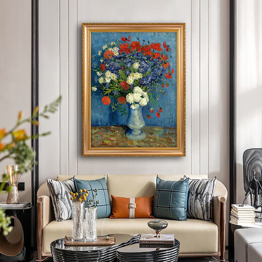 梵高世界名画临摹 罂花 凡高手绘印象派风景画餐厅卧室装饰画 692金实木框 60X80