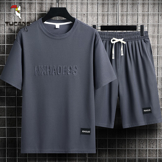 啄木鸟（TUCANO）男士夏季套装青少年短袖t恤薄款冰丝两件套休闲运动服五分短裤子 单件上衣-829灰色 3XL 建议165-190斤