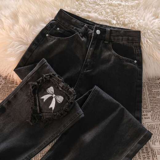 Her style black love bow jeans for women spring and autumn new high waist design straight wide leg long pants trendy ins black pants XS