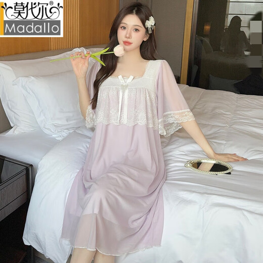 莫代尔带胸垫睡裙女夏季网纱短袖宫廷公主风睡衣甜美可爱蕾丝花边家居服 E-W7373#粉色无胸垫 M