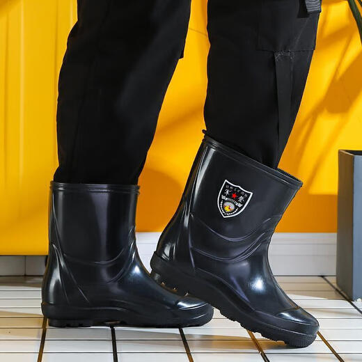 Daohuatu Jundeng mittlere Röhrchen Regenschuhe Arbeit Schutz für Herren Rindfleisch Sehne Sohle Kear-resistente Nicht-Rutsch-Plus-Samtwasserstiefel Konstruktionsstelle Kleber Kurzmittel mittelgroß