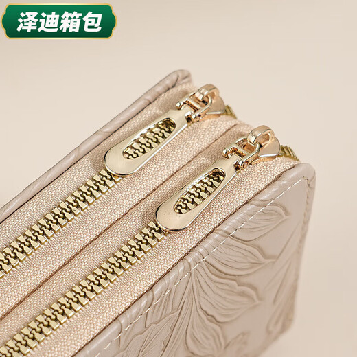 芸洛时尚长款大容量手拿包 女士复古花朵双拉链便携钱包多卡位零钱包 长款-卡其色 新款材质