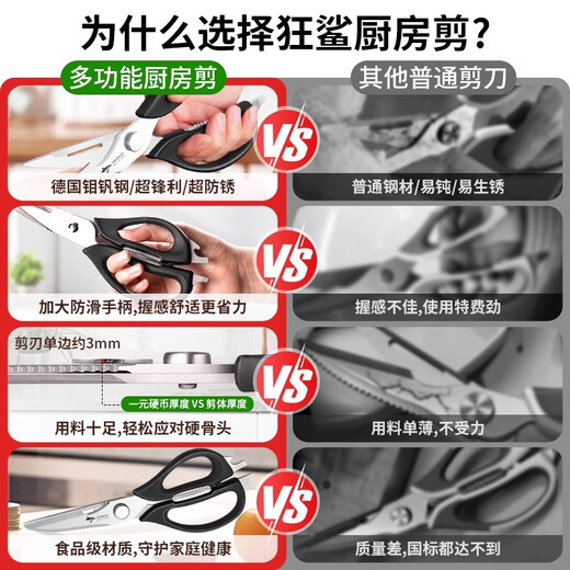 MAD SHARK德国进口厨房剪刀专用多功能不锈钢强力剪鸡骨头食物烤肉剪子 多功能剪刀-红色
