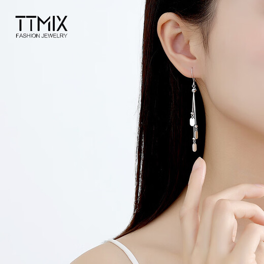 TTMIX women's platinum earrings long ear hook pt950 white gold tassel glossy square earrings 4.7-4.9g