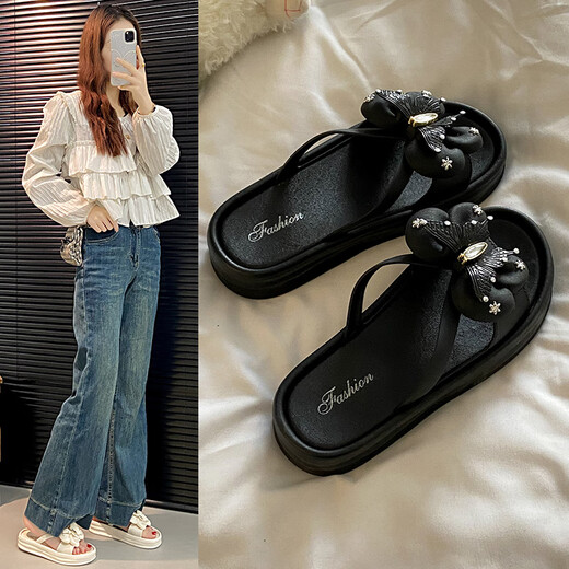 Yuebanqing (YUEBANQING) small fragrance style bow thick-soled sandals for women 2025 summer new style wear anti-slip heightened beach flip flops White-Korean version 38 -3937-38 feet