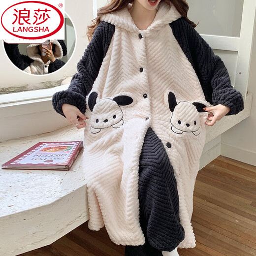 浪莎（LangSha）2025新款女士睡衣秋冬季珊瑚绒加绒加厚长款睡袍冬天法兰绒家居服 9196-【绒袍+绒裤】 L 建议体重100-120斤