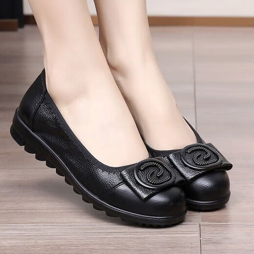 Yierkang Middle-aged and Elderly Real Soft Leather Mother Women's Shoes Beef Tendon Soft Sole Spring New Style Flat Small Leather Shoes Dog Shoes Single Shoes 829 Black 36