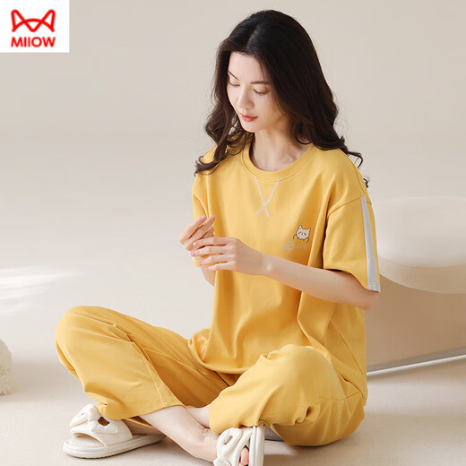 猫人（MiiOW）纯棉睡衣女短袖长裤夏季韩版女士圆领套装薄款全棉外穿家居服 RN9712#短袖长裤纯棉 M (80-100斤)