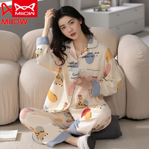 Catman Miiow reiner Baumwollpyjamas für Frauen im Frühjahr und Herbst Neue Stil Langarm Pure Cotton für Outdoor Dünn -Set LF9214 2xl