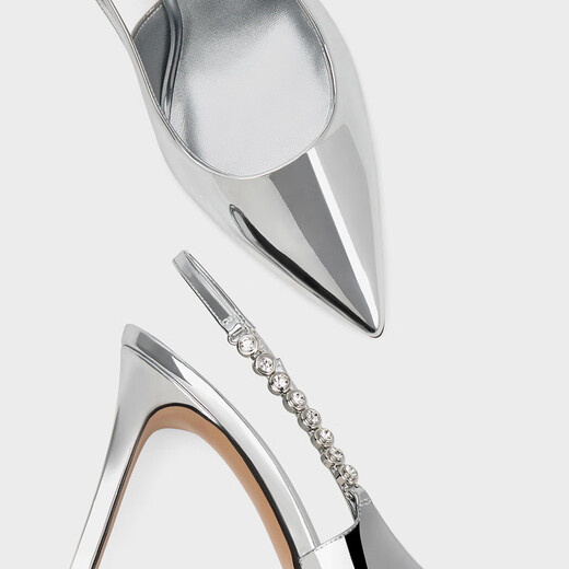 
CHARLES/KEITH texture chain pointed toe high heel sandals for women's shoes birthday gift for girls CK1-60280377 Silver silver 38 (245)