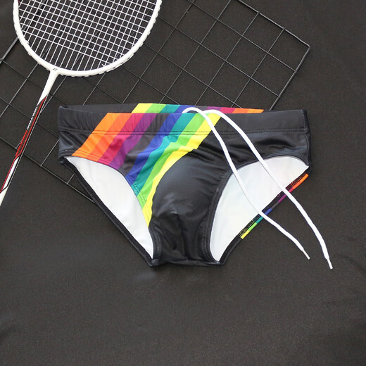 Manson Snow Lotus Summer Swimming Pants Rainbow Stripe Print Low Waist Men's Triangle Swimming Pants Cup Anti-Embarrassing Tie Beach Pants Men's Rainbow Orchid With Letters Free Cup XL