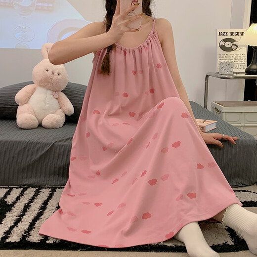 Cheng Baobao summer sexy suspender nightgown for women with breast pad new pink girl loose summer thin pajamas AF9207 Xiaoyunduo Set Fixed chest pad M