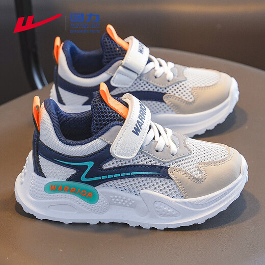 Warrior (Warrior) Chaussures pour enfants baskets garçons Mesh Breathable 2025 Nouveau été des garçons légers de chaussures de course Chaussures en maille pour enfants blancs / bleu foncé / kaki (filet unique) 33 Longueur intérieure 21,5 / Longueur de pied 20,5