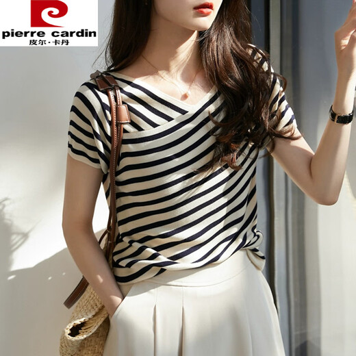 Pierre cardin French striped short-sleeved T-shirt for women in summer 2025 new loose slim v-neck thin knitted ice silk top DX829# striped color M Recommended 100-115Jin [Jin equals 0.5 kg]
