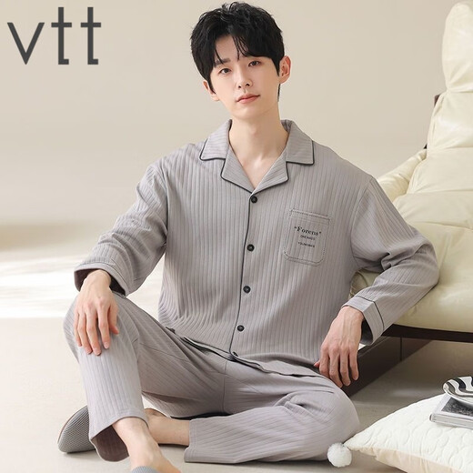 VTT男士睡衣男款春秋款2025新款纯棉长袖秋冬款秋季家居服套装 V长袖套装：OMM12023 坑条 L