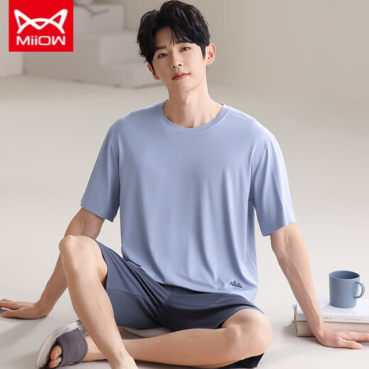 Catman Miiow New Herren Pyjamas Summer Shorts Shorts Modal Cool Thin Style Plus Size Rund Neck 9713 L [Gewicht 100-120 Jin [Jin entspricht 0,5 kg]]]