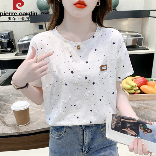 
Pierre cardin pure cotton printed T-shirt for women short-sleeved summer 2025 new loose print design versatile T-shirt top trend 1396 white + 340 blue flower S suitable for 80-99Jin [Jin equals 0.5 kg]