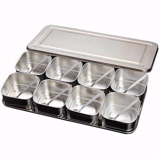 An Junsheng thick stainless steel seasoning box seasoning ingredient box ice powder seasoning sample retention kitchen commercial set stall square plus size half pack eight formats-free 8 spoons + steel