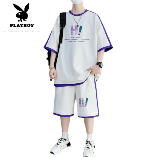Playboy (PLAYBOY) teenagers' summer new sports suit 12-15 year old boys' short-sleeved T-shirts for students with big children's ice silk shorts clothes 9926 beige suit M about 90-110Jin [Jin equals 0.5 kg] can be worn