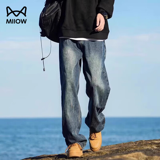 MiiOW Jeans Men's Velvet Thickened American Pants Men's Autumn 2025 New Straight Wide Leg Casual Long Pants Men's Pants Retro Blue XL 32-33 Sizes