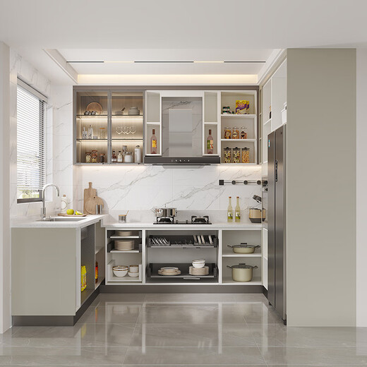 Quanyou (QUANU) whole house kitchen cabinet customization open U-shaped kitchen stove cabinet integrated modern era particle board 7m cabinet (3m base cabinet + 3m countertop + 1m wall cabinet)