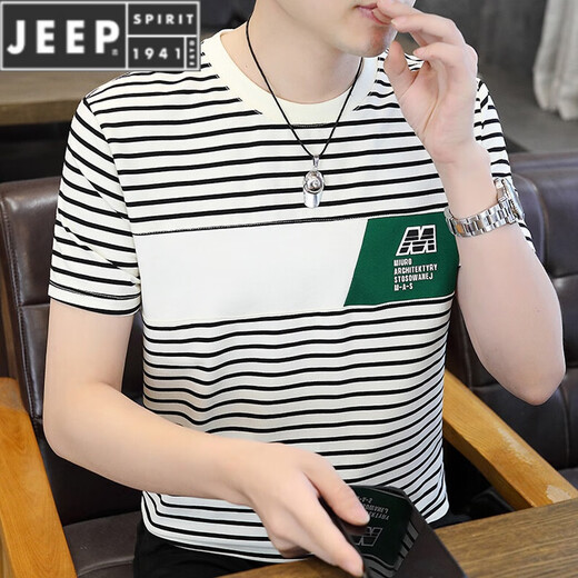 JEEP SPIRIT短袖T恤男棉质小衫条纹汗衫潮流男装半袖圆领小衫 9898短 袖 黑色 2XL 【建议140-155斤】