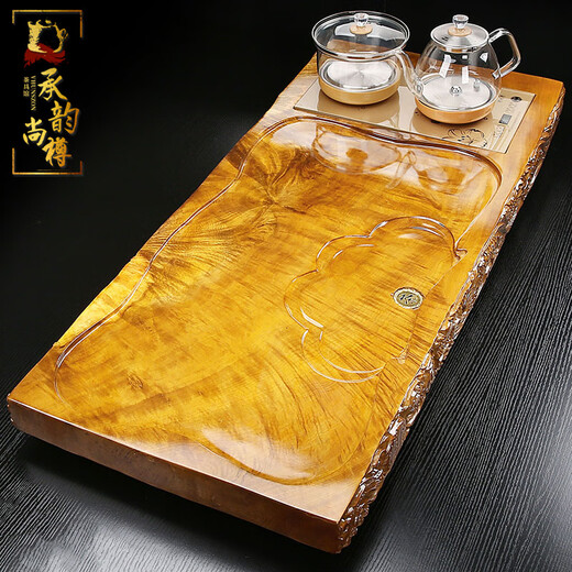 Chengyun Shangzun golden nanmu tea tray tea set fully automatic kettle all-in-one high-grade whole wood single-layer drainage tea tray 02 Xianglong 82 long + wisteria flower tea set + gold kettle