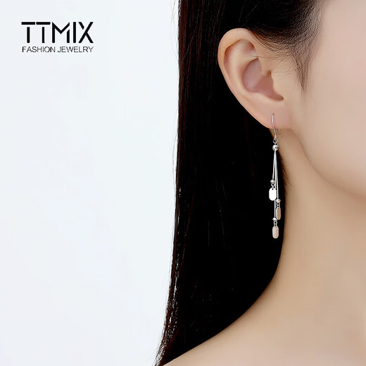 TTMIX women's platinum earrings long ear hook pt950 white gold tassel glossy square earrings 4.7-4.9g