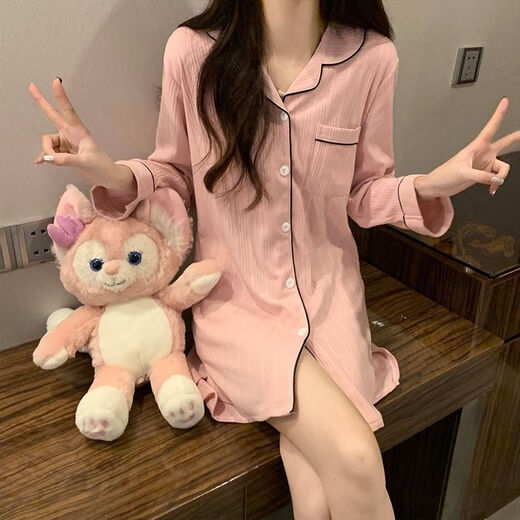COLORFUL GEMS bean paste color pajamas for women new long-sleeved nightgowns for home clothes spring, summer and autumn boyfriend style 681# bean paste color shirt skirt 170 M (75-95Jin[Jin equals 0.5 kg])