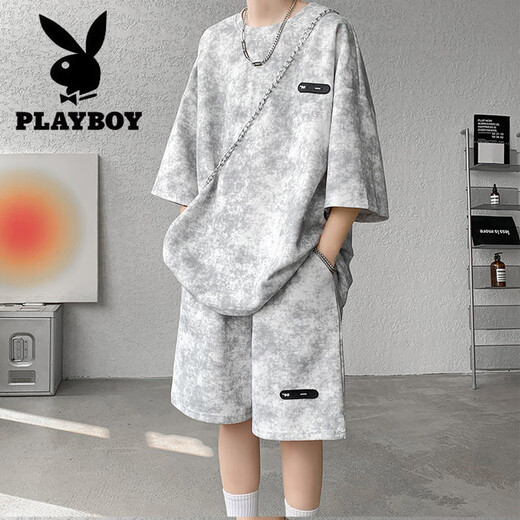 花花公子（PLAYBOY）夏季套装男小众设计感扎染七分袖t恤短裤潮流酷帅大码男装一整套 TZ757扎染黑 M (建议95-110斤)