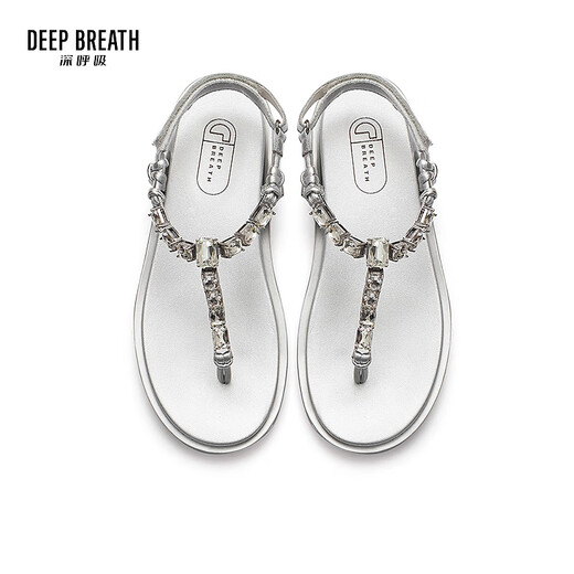 DEEP BREATH深呼吸女鞋夏季水钻夹趾魔术贴平底人字拖凉鞋AX14118 银 37