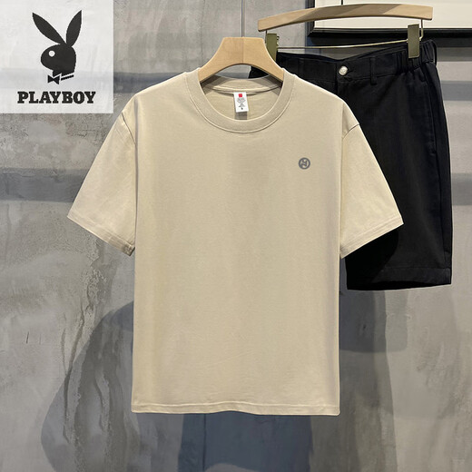 Playboy (PLAYBOY) 200g heavyweight American cotton short-sleeved T-shirt summer couple printed loose bottoming shirt t men's and women's top khaki cotton short-sleeved-1365 XL