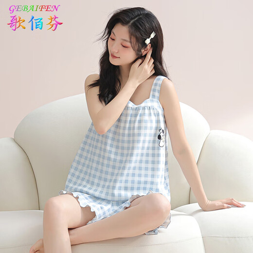 歌佰芬带胸垫夏季纯棉睡衣女吊带短裤套装休闲家居服春夏款可外穿运动 QB9902女（不带胸垫） XL （120-140斤）
