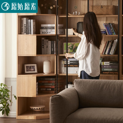 原始原素实木书柜置物柜子客厅书房带玻璃门展示柜双门 D6172