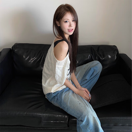 Miaoyijia short-sleeved women's new 2025 slim white trendy loose T-shirt base shirt spring and summer half-sleeved pure top American butterfly printed ripped short-sleeved T-shirt one size [recommended 80-145Jin [Jin equals 0.5 kg]]