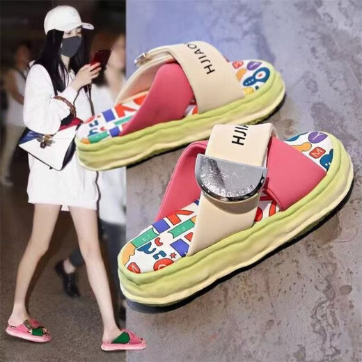 Belle thick-soled sandals for women in summer wear 2025 new internet celebrity super popular niche graffiti beach sandals feel yellow graffiti 36