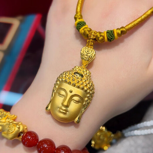 Shaoyu Yisheng 999 Pure Gold Buddha Head Pendant Gold Necklace Female Tathagata Buddha New Valentine's Day Gift for Girlfriend Gold Buddha Head Necklace + Yellow Braided Rope About 1.6