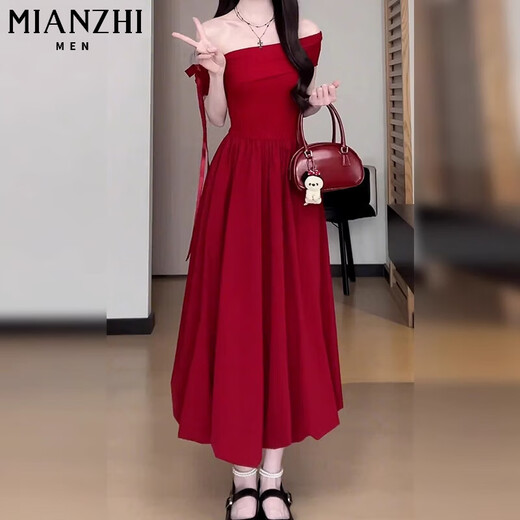 棉致法式红色一字肩连衣裙女夏季2025新款漂亮温柔风蓬蓬花苞长裙 754红色短款【高品质31.5】 L 110-125斤