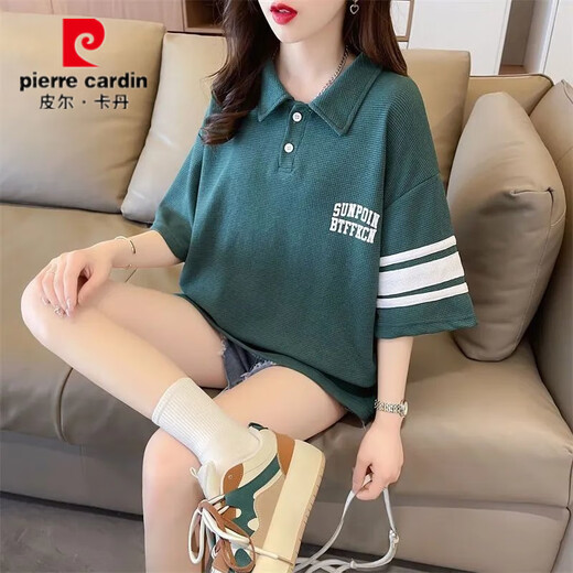 皮尔卡丹夏季新款短袖T恤女POLO领宽松半袖绣花中长款华夫格百搭休闲衣潮 yg-9926灰色 M 【80-110斤】