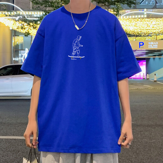 GTYUWVG纯棉T恤男潮牌潮流休闲宽松圆领短袖男生青少年夏季新款百搭体恤 3892蓝色 M 约100-120斤可穿