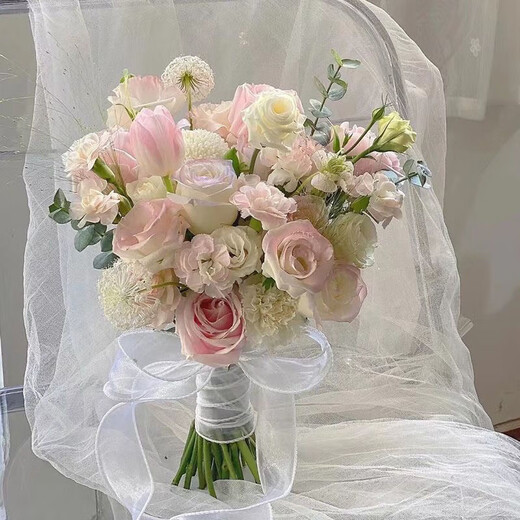 婚礼手捧花新娘手捧结婚出片郁金香领证仿真花拍照道具七夕 蓝白色系手捧花